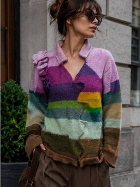 Handmade 100% Merino Wool Art Sweater Colorblock Ruffle Chunky Knit M/L